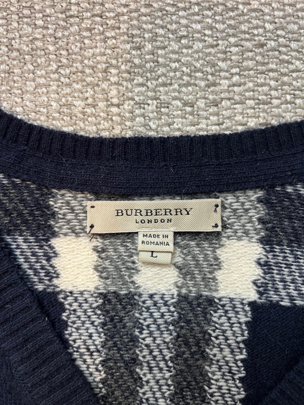 Burberry Navy and White Plaid V-Neck Sweater - Picture 4 of 4